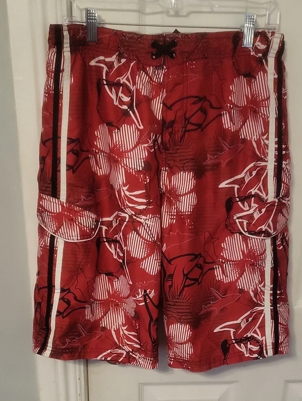 OP Red Floral Cargo Swim Shorts with White Trim